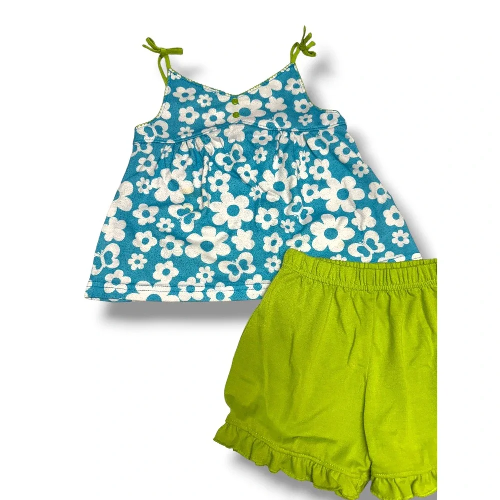 Carters Girls Blue Floral Butterfly Pajama Set Green Ruffle Shorts Size 5